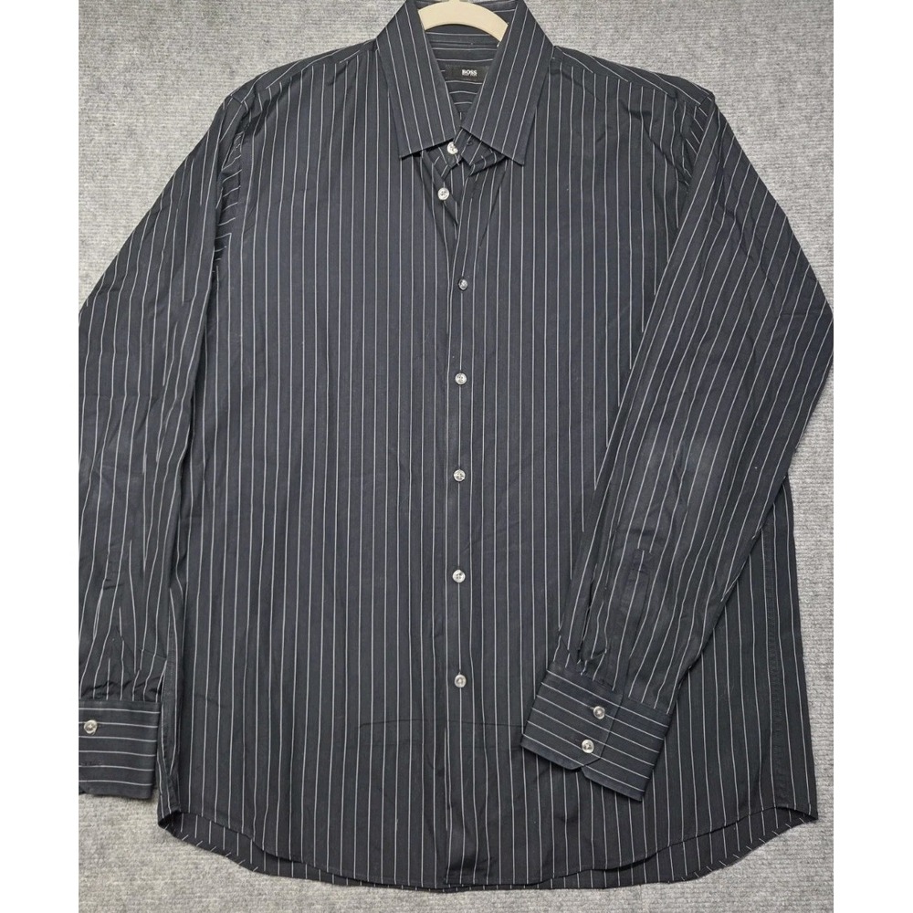 Hugo Boss Men's Dress Shirt 17 34/35 Black Pinstripe Long Sleeve Button-Up